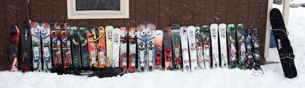 Skiboards lined up at Midwest Meet, Mount Bohemia, MI