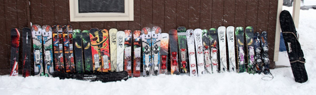 Skiboards lined up at Midwest Meet, Mount Bohemia, MI